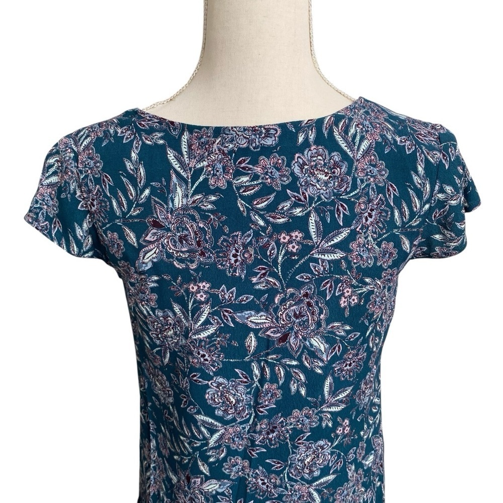 Garnet Hill Teal Floral Dress XS 0 V Neck Pleated Pockets Lined Viscose - Picture 9 of 15